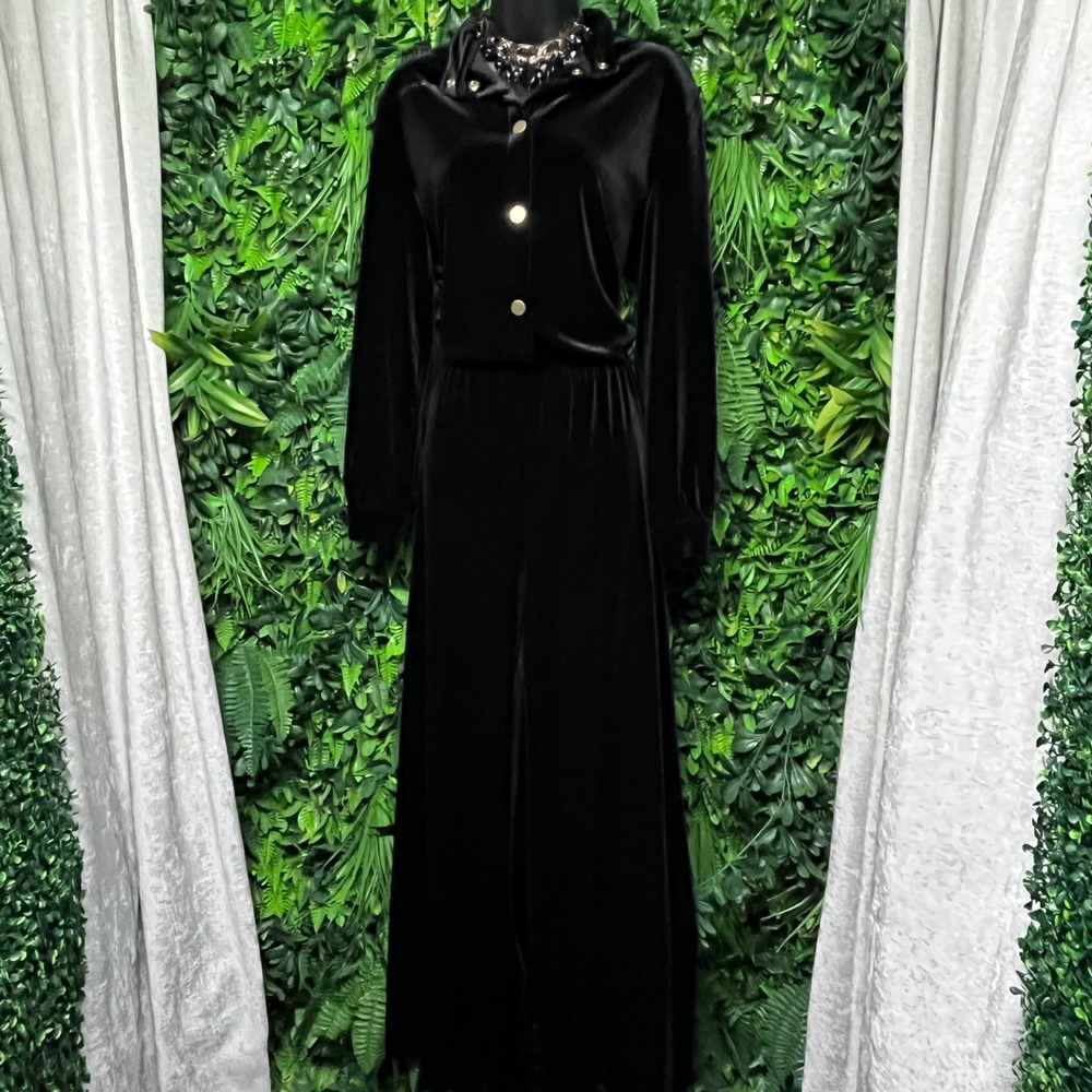 Armani Exchange Jumpsuit Medium Black Velvet Wide Leg Long Sleeve Gold Trim 3865 - Picture 11 of 11
